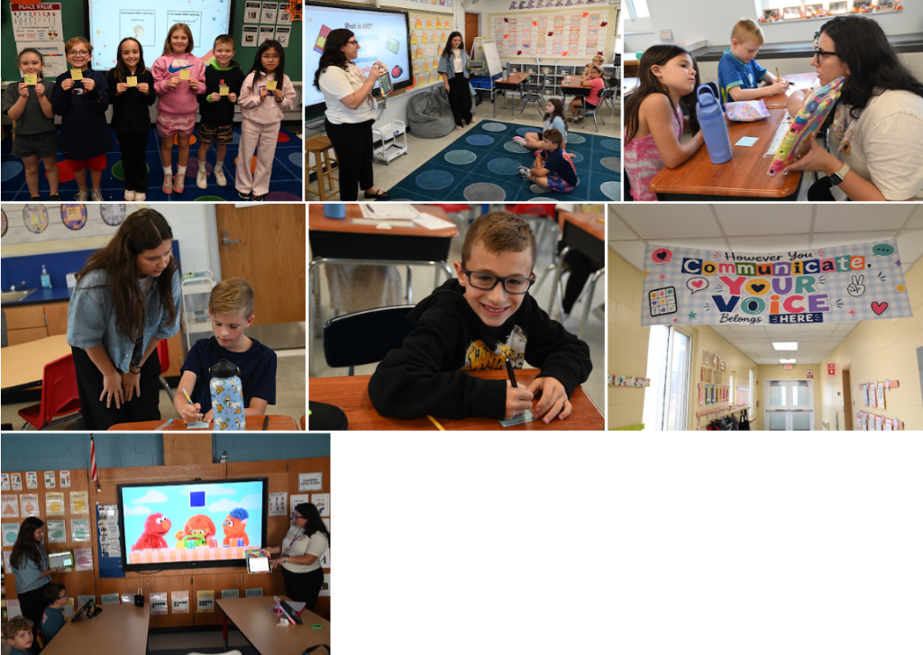 A collage of photos shows students and teachers engaged in various activities inside a school classroom and hallway.